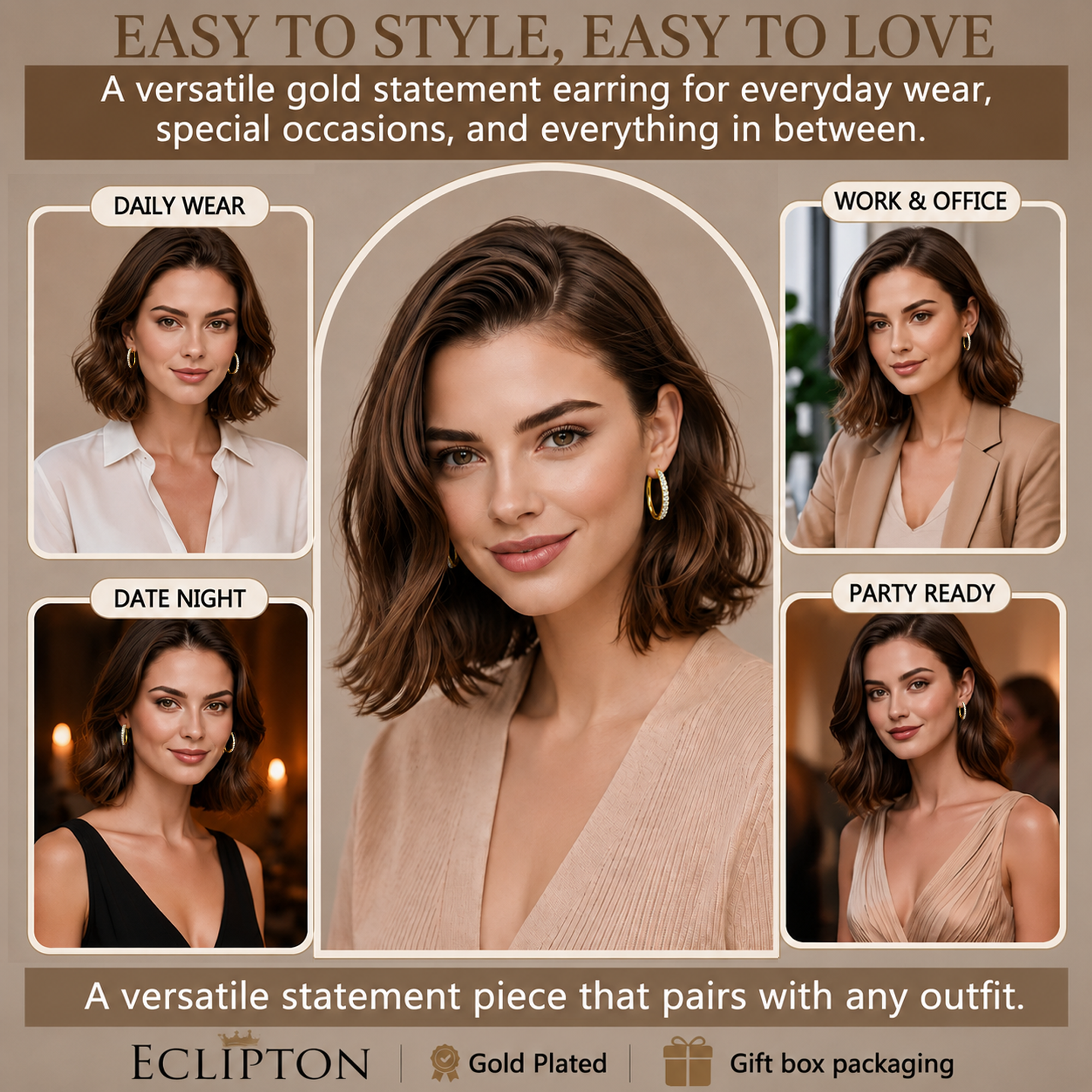 Eclipton® 14K Plated Gold Hoop Earrings for Women, Dainty & Hypoallergenic Cubic Zirconia Diamond Hoop Earrings for Party Daily Office Wear
