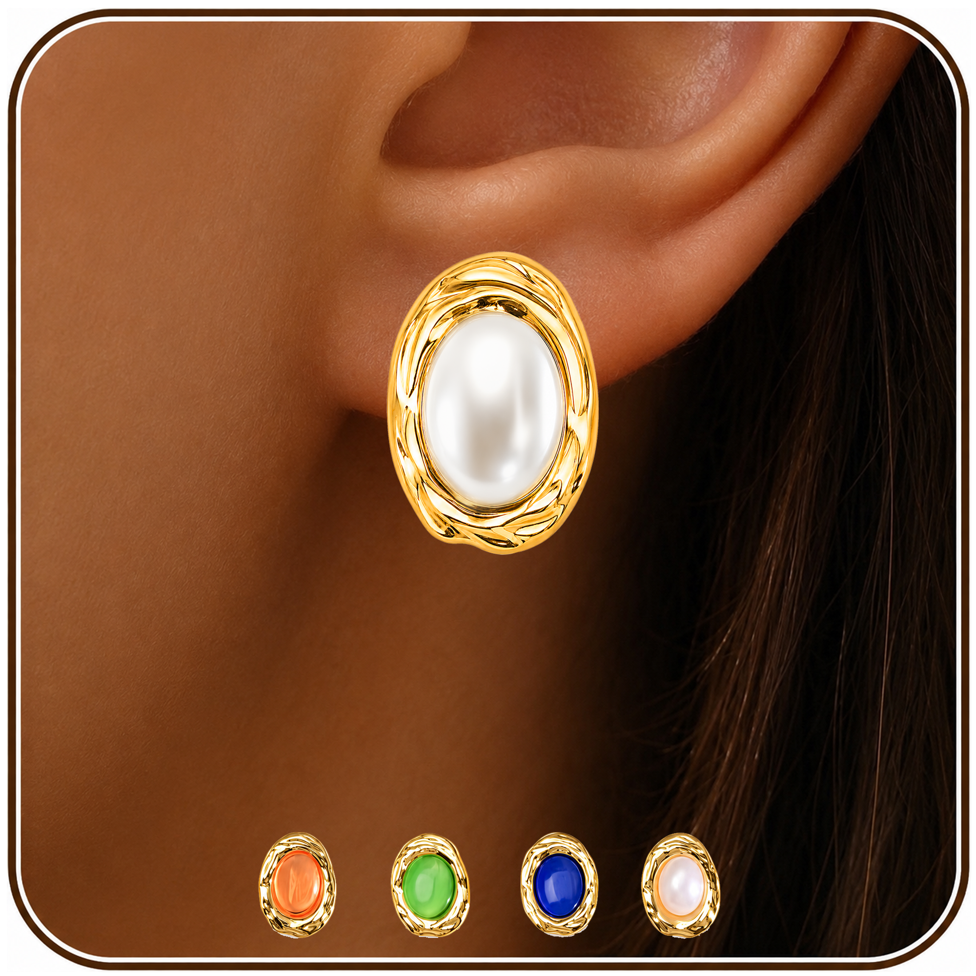 Eclipton® 14K Plated Gold Stud Earrings for Women Trendy, Hypoallergenic Dainty Oval Pearl Earrings Unique for Party Daily Office Wear