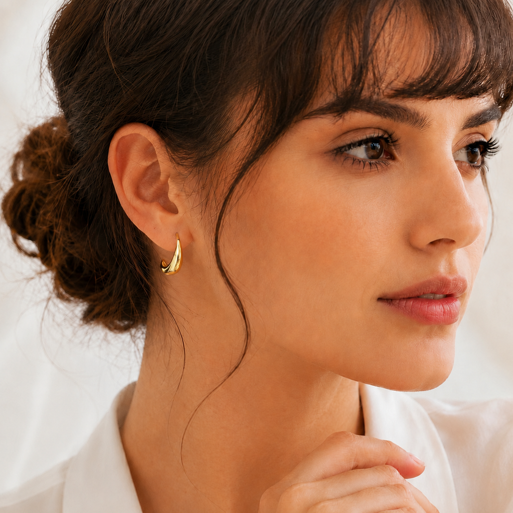 Eclipton® Lightweight Teardrop Gold Hoop Earrings for Women, 14k Gold Plated Oval Pull Through Hoop Earrings High Polished Statement Jewelry for Daily Wear and Parties