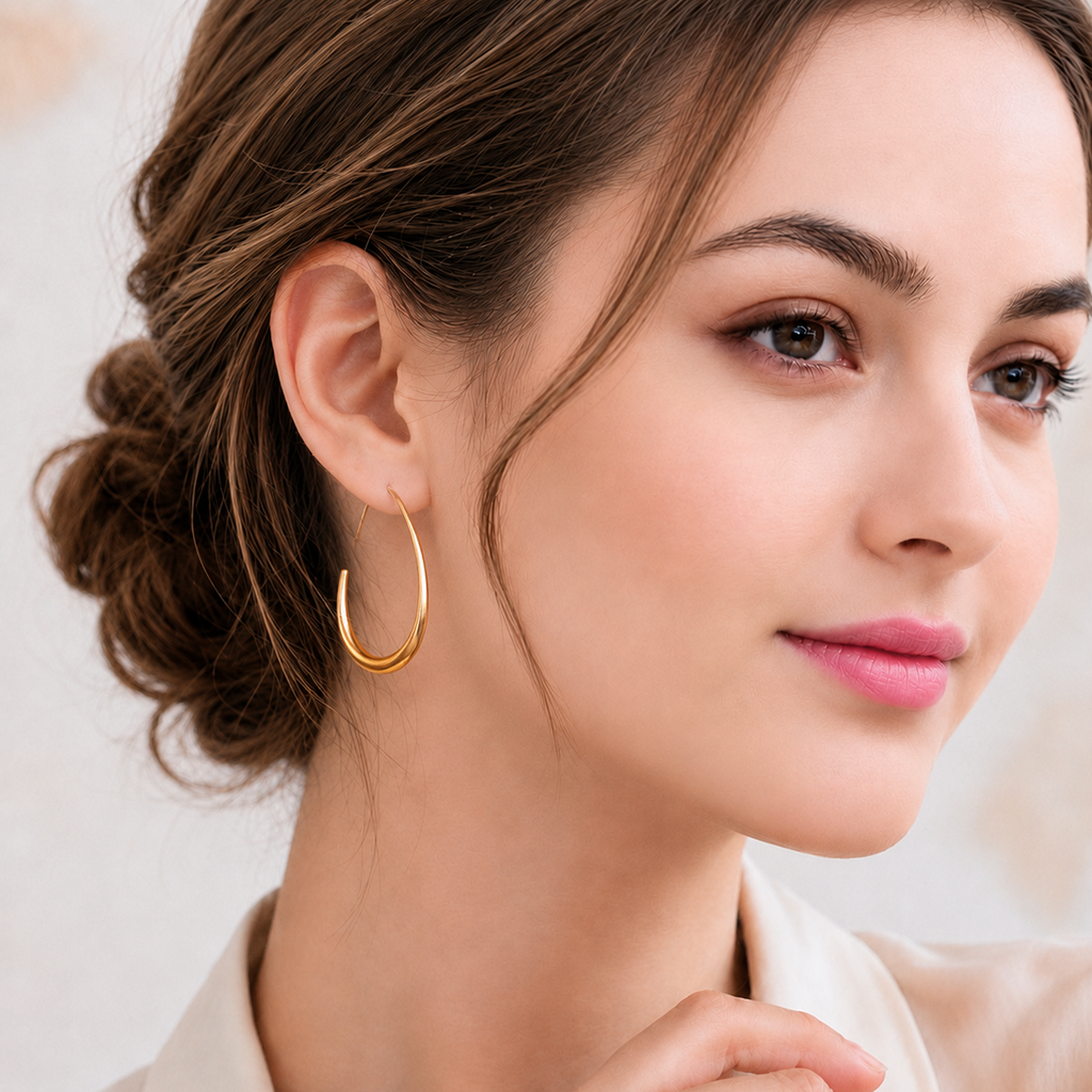 Eclipton® Lightweight Teardrop Gold Hoop Earrings for Women, 14k Gold Plated Oval Pull Through Hoop Earrings High Polished Statement Jewelry Gift for Women