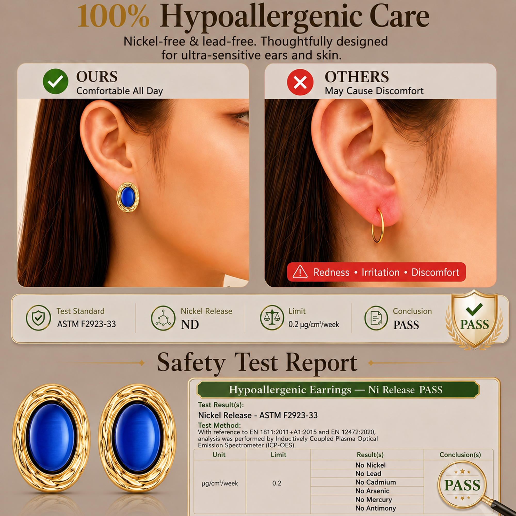 Eclipton® 14K Plated Gold Stud Earrings for Women Trendy, Hypoallergenic Dainty Oval Pearl Earrings Unique for Party Daily Office Wear