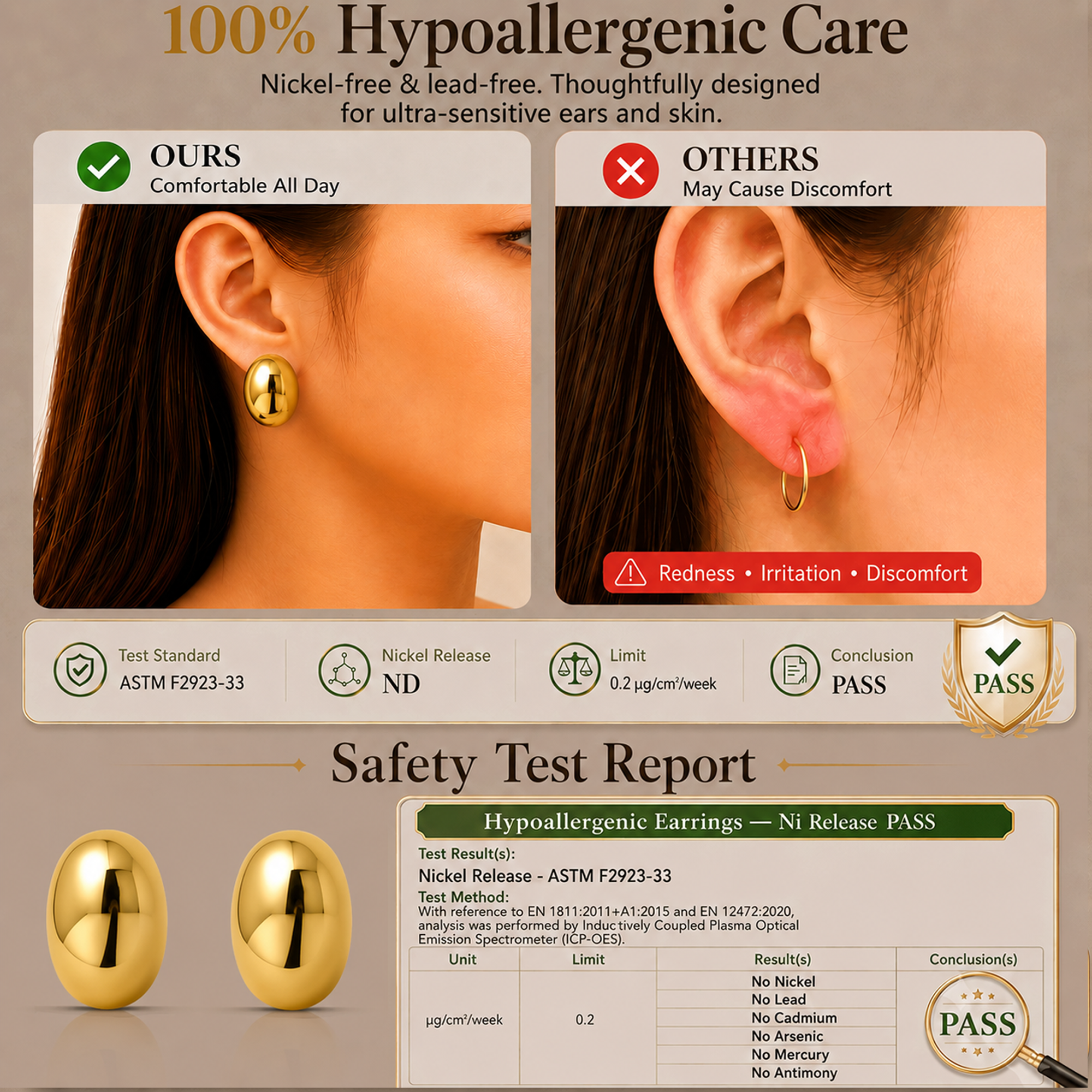 Eclipton® 14K Plated Gold Stud Earrings for Women, Oval Lightweight Hypoallergenic Earrings, Minimalist Daily Wear, Gold Jewelry Gifts for Womens