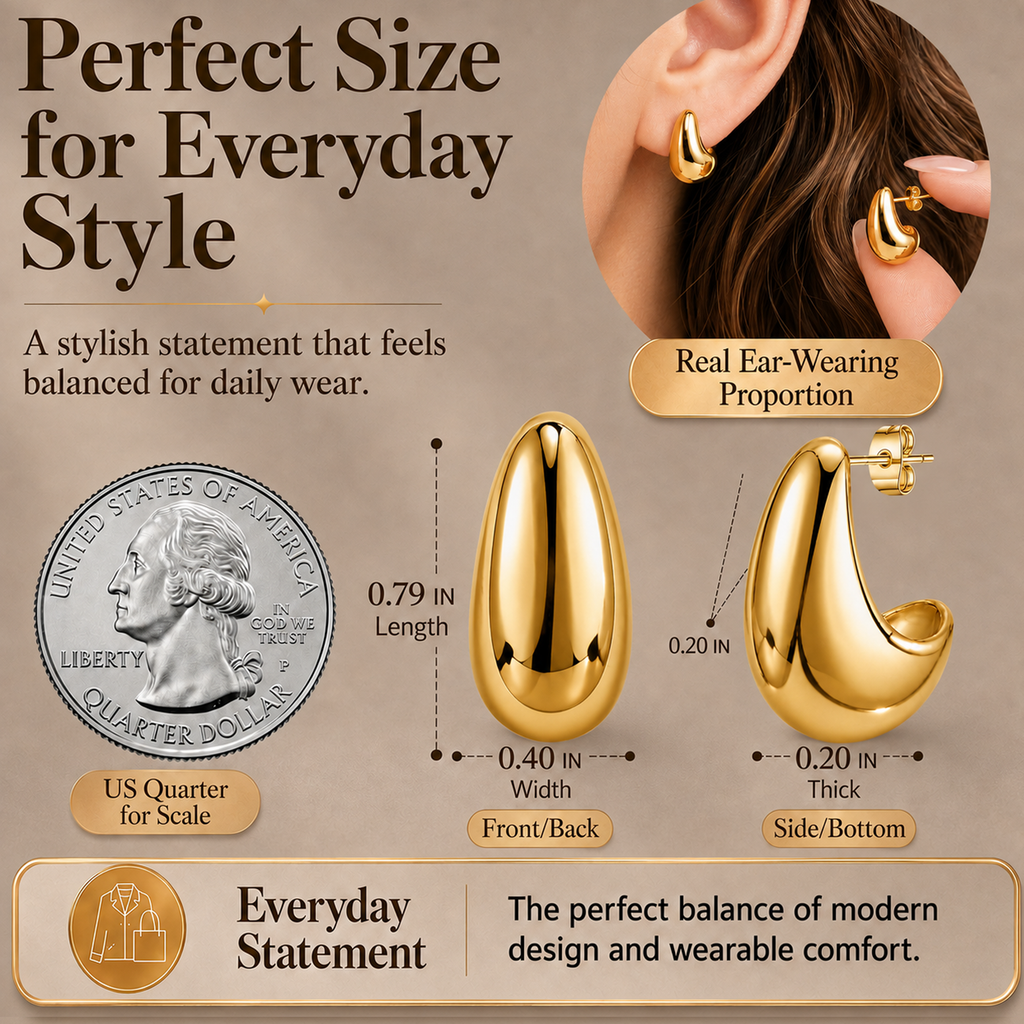 Eclipton® 14K Plated Gold Stud Earrings for Women, Hypoallergenic Drop Earrings, Lightweight Teardrop Design, Jewelry Gift for Women