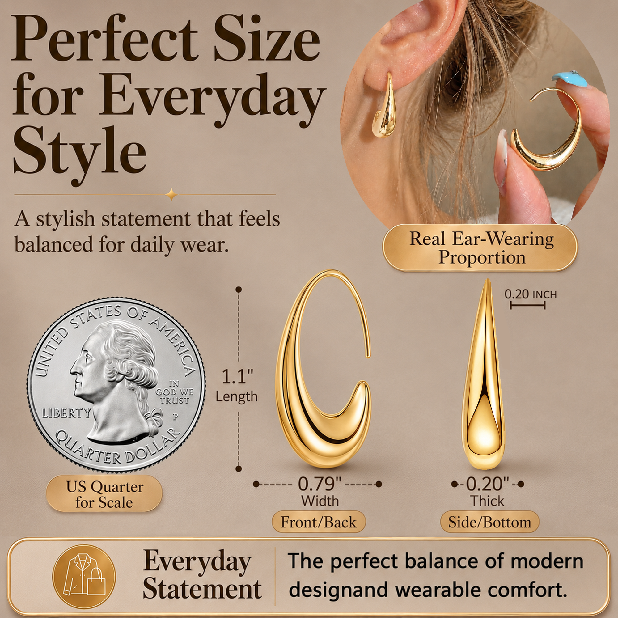Eclipton® Lightweight Teardrop Gold Hoop Earrings for Women, 14k Gold Plated Oval Pull Through Hoop Earrings High Polished Statement Jewelry for Daily Wear and Parties