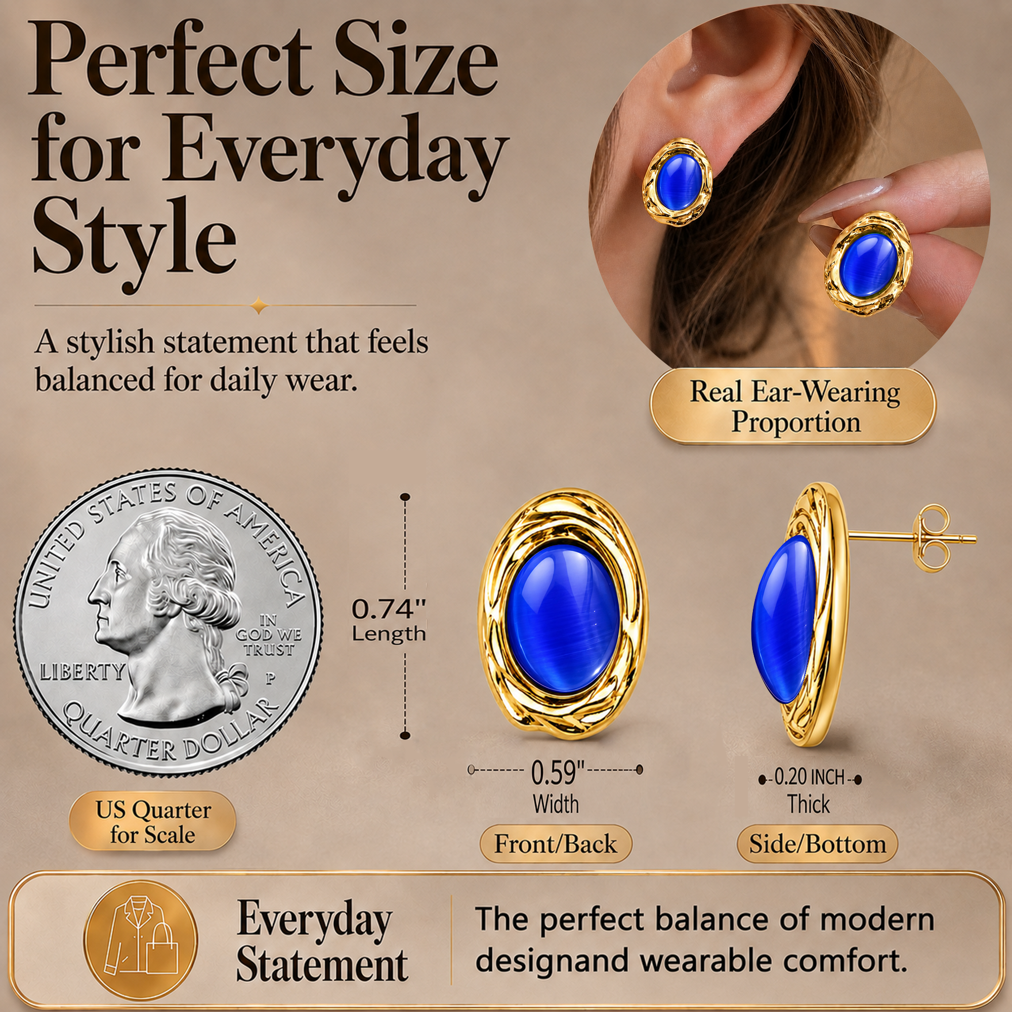 Eclipton® 14K Plated Gold Stud Earrings for Women Trendy, Hypoallergenic Dainty Oval Pearl Earrings Unique for Party Daily Office Wear