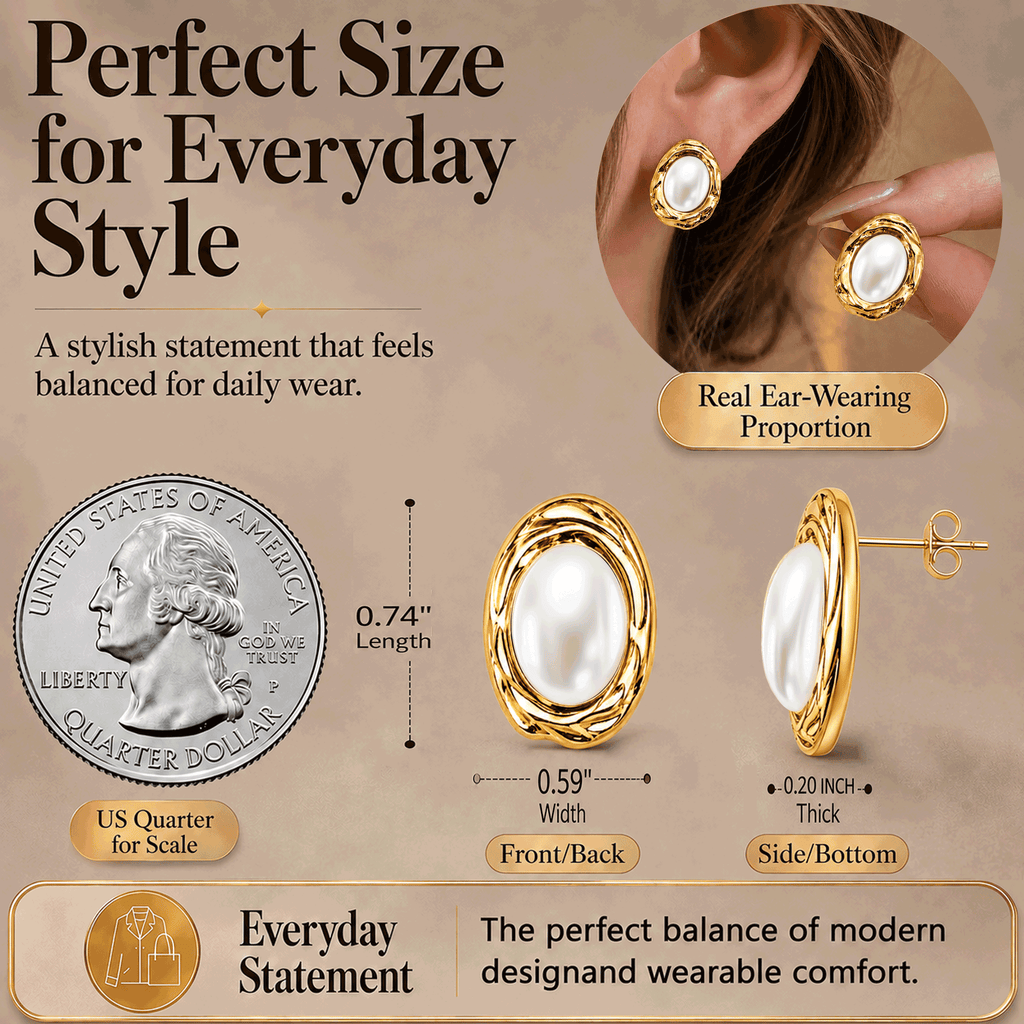 Eclipton® 14K Plated Gold Stud Earrings for Women Trendy, Hypoallergenic Dainty Oval Pearl Earrings Unique for Party Daily Office Wear