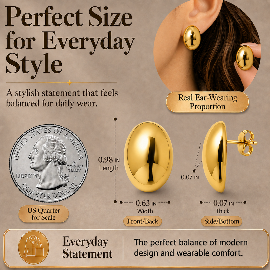 Eclipton® 14K Plated Gold Stud Earrings for Women, Oval Lightweight Hypoallergenic Earrings, Minimalist Daily Wear, Gold Jewelry Gifts for Womens