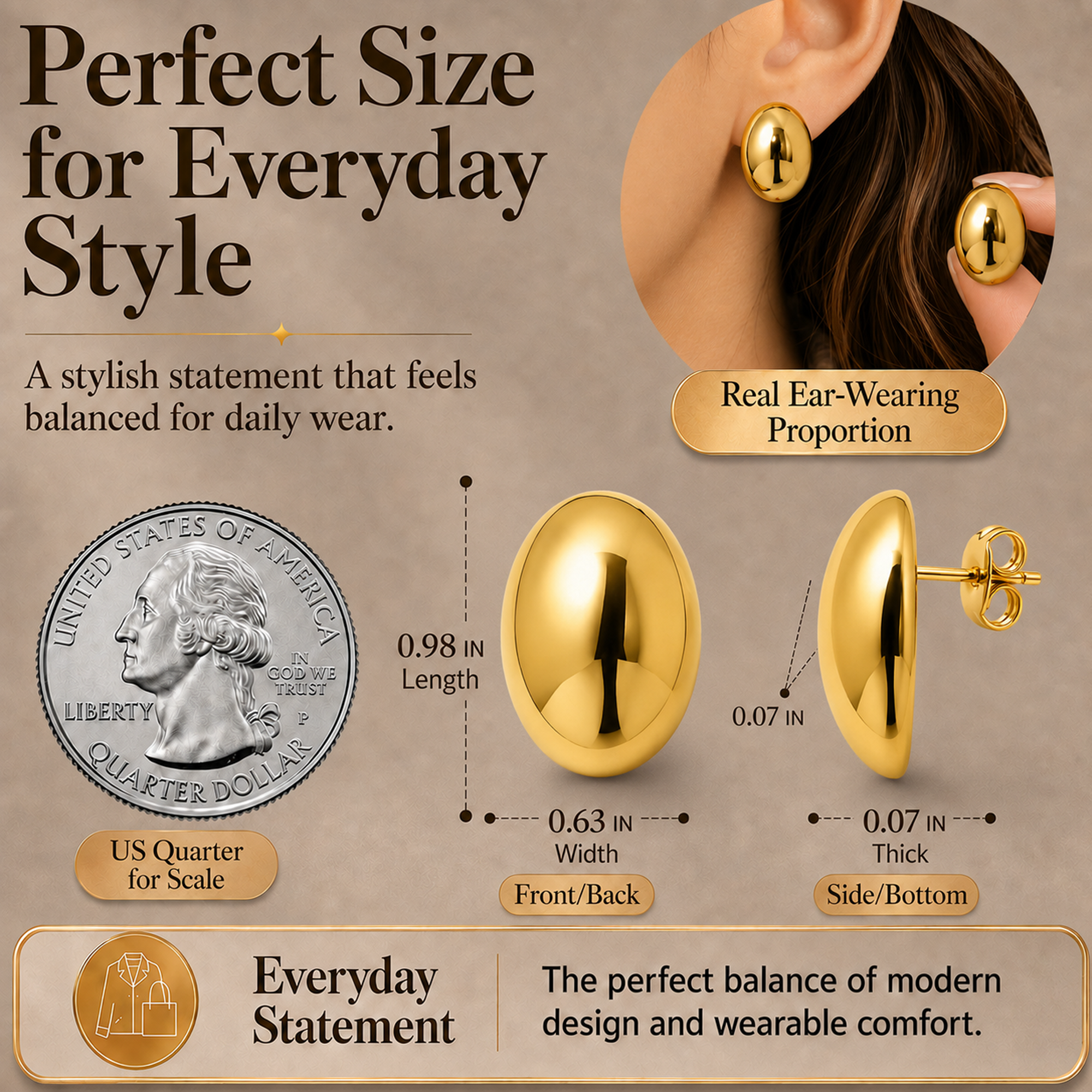 Eclipton® 14K Plated Gold Stud Earrings for Women, Oval Lightweight Hypoallergenic Earrings, Minimalist Daily Wear, Gold Jewelry Gifts for Womens