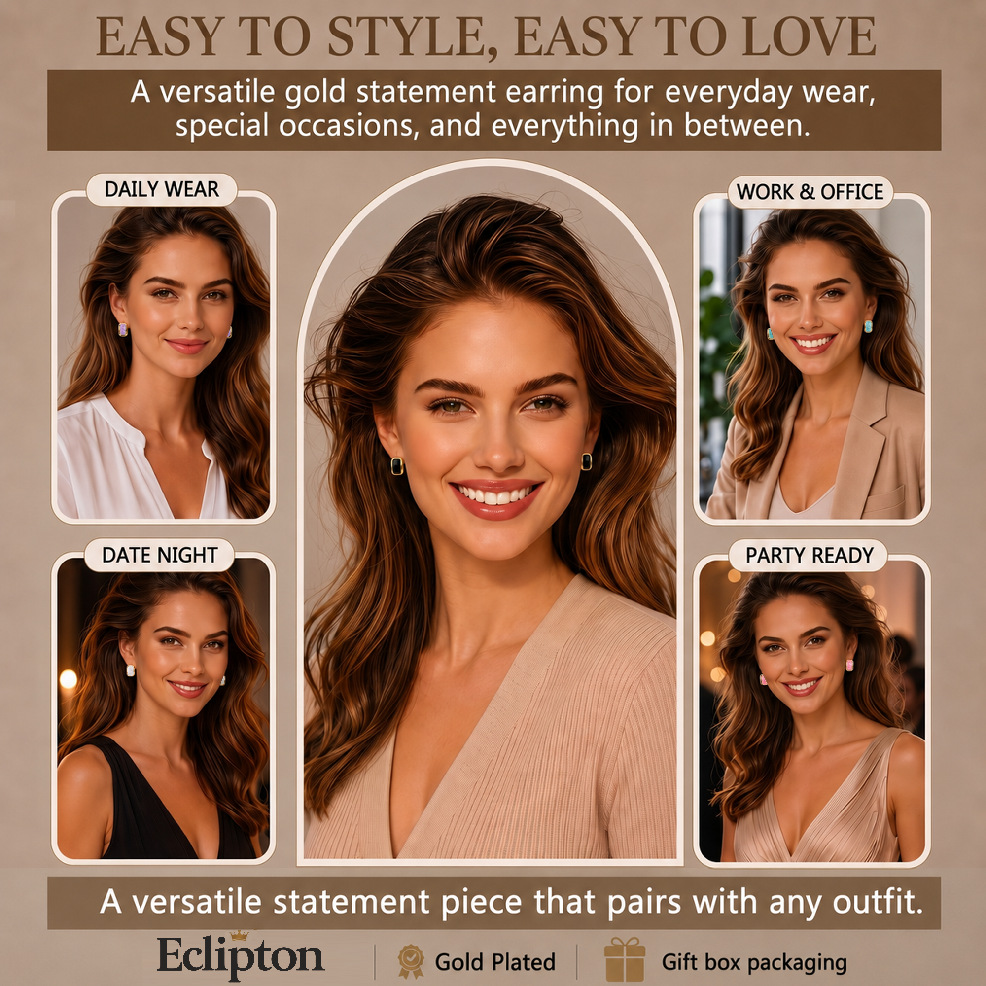 Eclipton® 14K Plated Gold Stud Earrings for Women Trendy, Dainty Hypoallergenic Earrings Unique for Party Daily Office Wear
