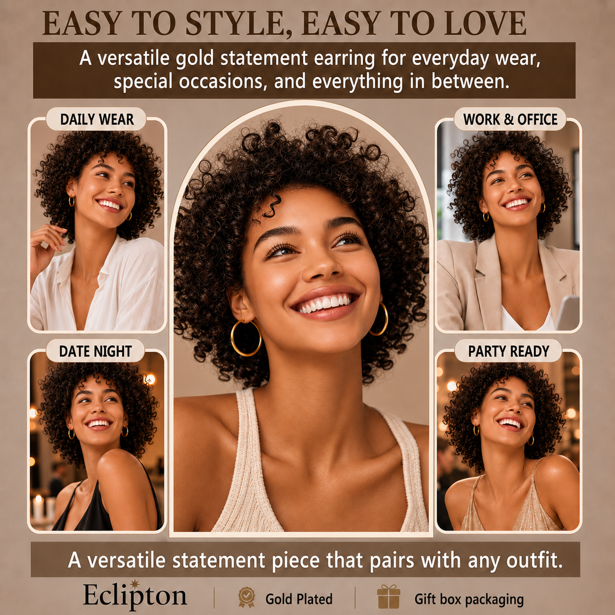 Eclipton® Gold Hoop Earrings for Women, 14K Gold Plated Hypoallergenic Lightweight Round Minimalist Hooped for Party Daily Office Wear