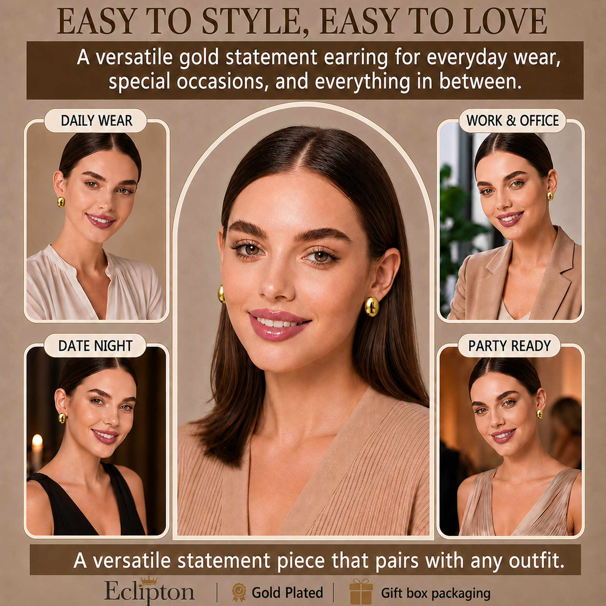 Eclipton® 14K Plated Gold Stud Earrings for Women, Oval Lightweight Hypoallergenic Earrings, Minimalist Daily Wear, Gold Jewelry Gifts for Womens