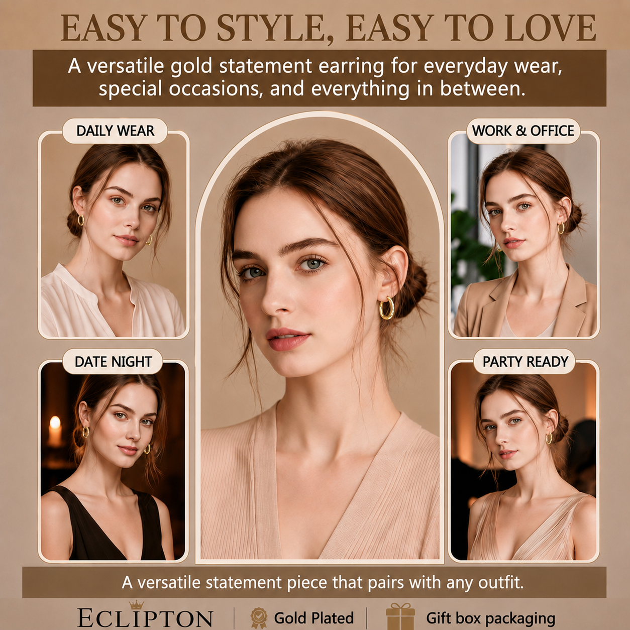 Eclipton® 14K Plated Gold Hoop Earrings for Women, Dainty & Hypoallergenic Oval Cubic Zirconia Diamond Hoop Earrings for Party Daily Office Wear