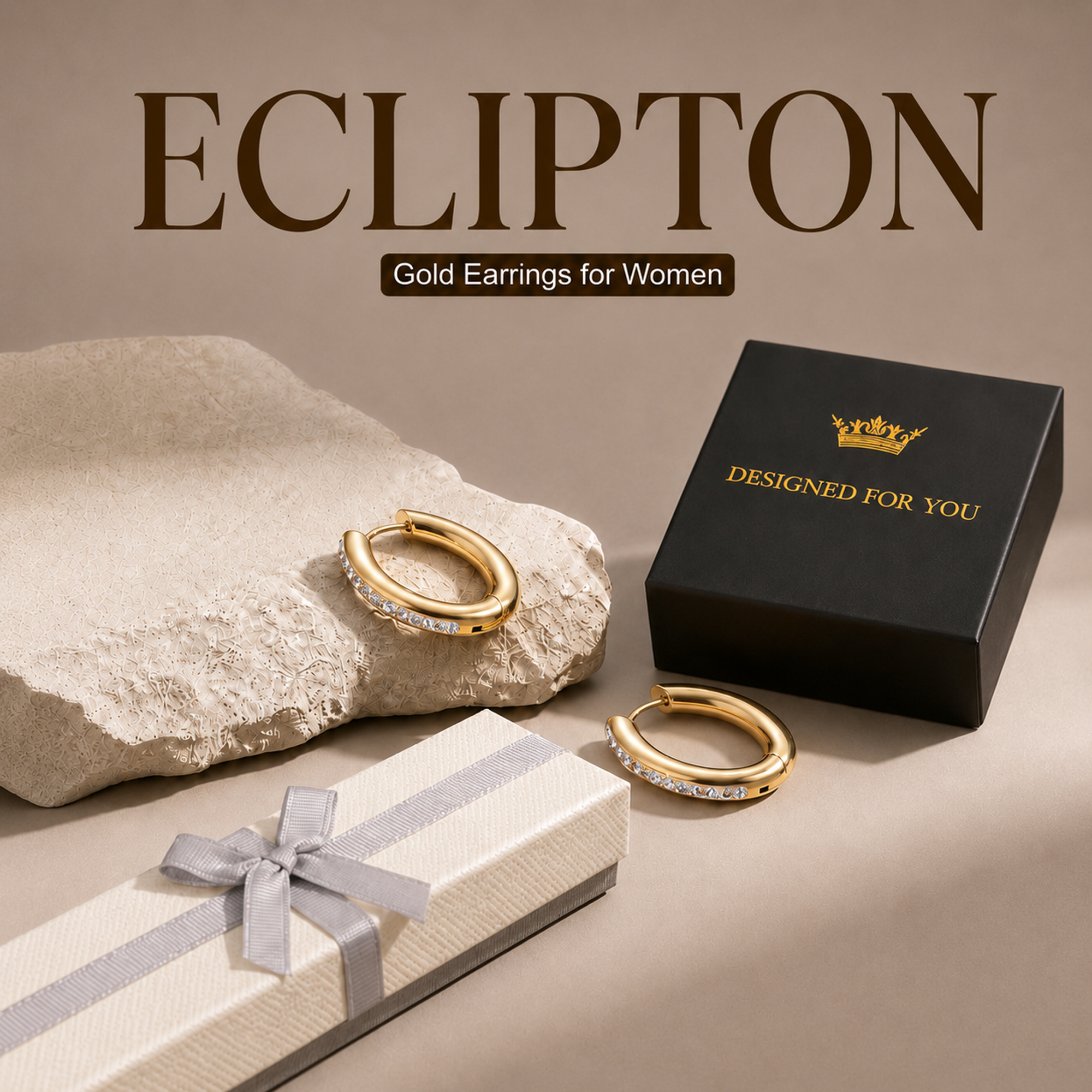 Eclipton® 14K Plated Gold Hoop Earrings for Women, Dainty & Hypoallergenic Oval Cubic Zirconia Diamond Hoop Earrings for Party Daily Office Wear