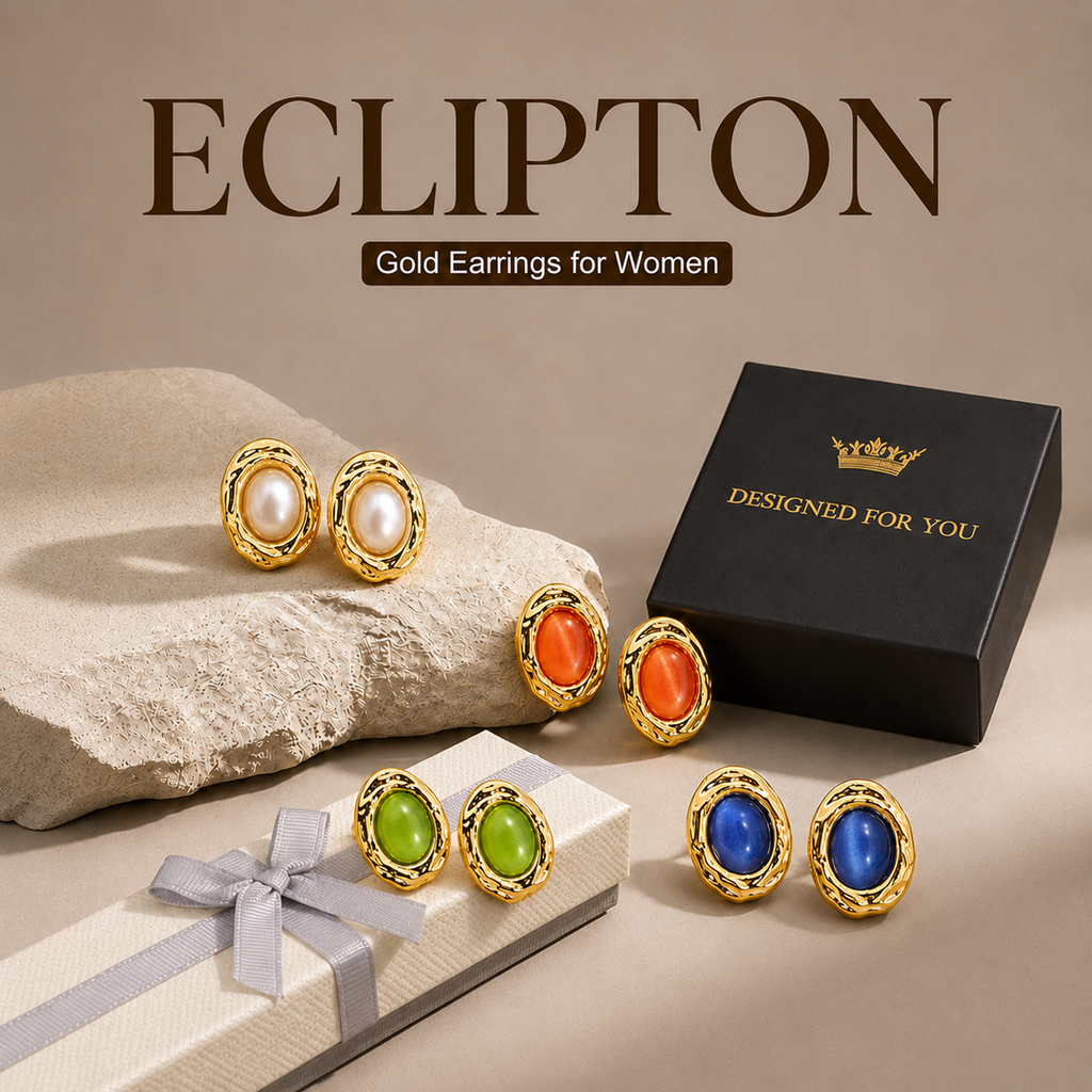 Eclipton® 14K Plated Gold Stud Earrings for Women Trendy, Hypoallergenic Dainty Oval Pearl Earrings Unique for Party Daily Office Wear