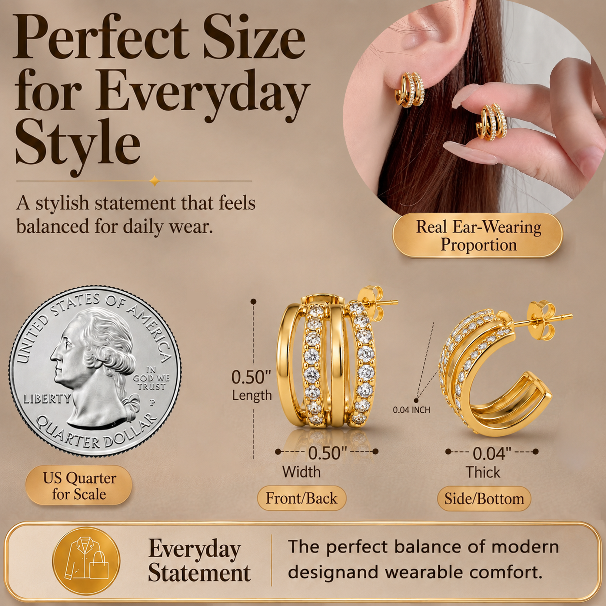 Eclipton® 14K Plated Gold Hoop Earrings for Women, Multi Huggie Hoop Earrings for One Hole with Cubic Zirconia, Trendy Hypoallergenic Gold Jewelry Gifts