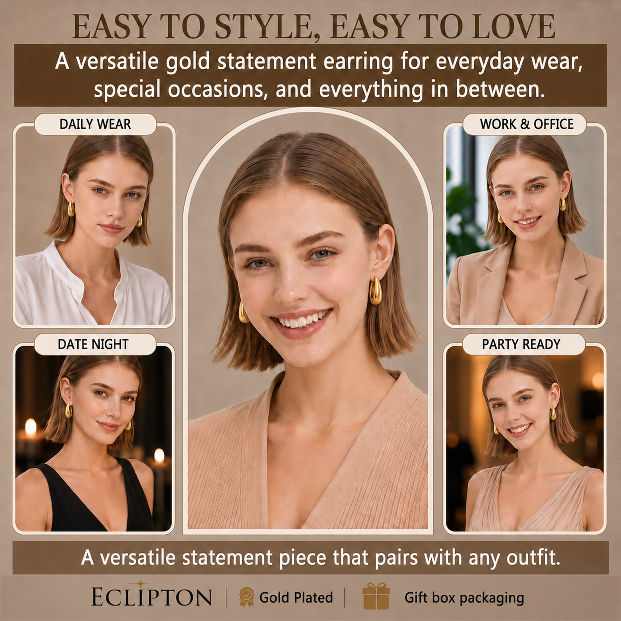 Eclipton® 14K Plated Gold Hoop Earrings for Women, Dainty Minimalist & Hypoallergenic Teardrop Hoop Earrings for Party Daily Office Wear
